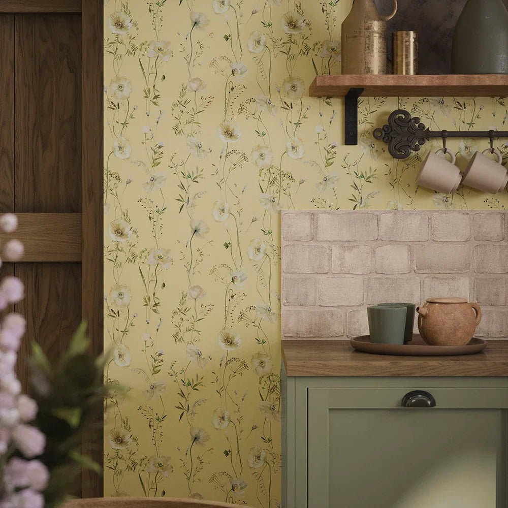 Delicate Stems Wallpaper - Shades of Cream on Soft Lemon - LAN100006 - Lucie Annabel - Premier Wallcovering