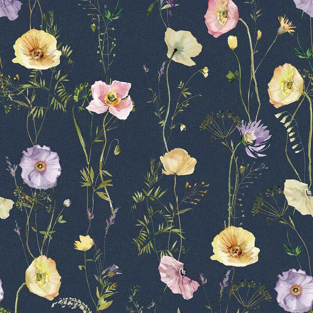 Delicate Stems Wallpaper - Soft Pastels on Classic Navy - LAN100007 - Lucie Annabel - Premier Wallcovering