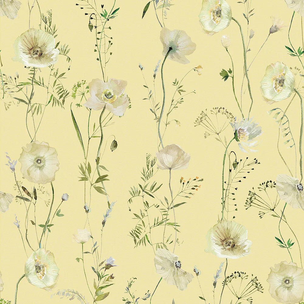 Delicate Stems Wallpaper - Shades of Cream on Soft Lemon - LAN100006 - Lucie Annabel - Premier Wallcovering
