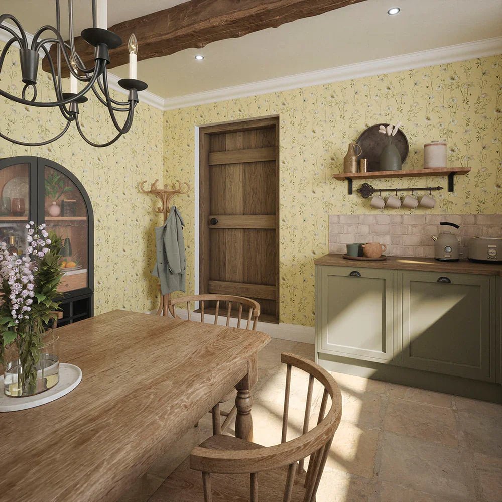 Delicate Stems Wallpaper - Shades of Cream on Soft Lemon - LAN100006 - Lucie Annabel - Premier Wallcovering