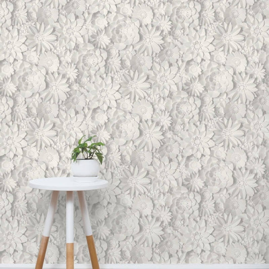 Dimensions 3D Effect Floral Wallpaper - White/Grey - Fine Décor - FD42554 - Premier Wallcovering