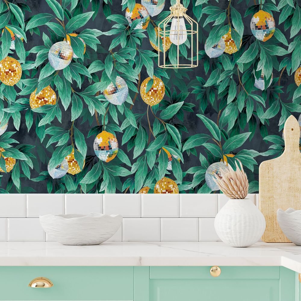 Disco Lemons Wallpaper - Dark Teal - Brand McKenzie - BMGI006/04B - Premier Wallcovering
