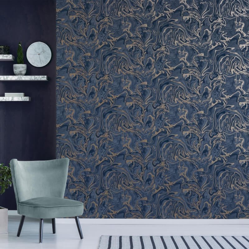 Distinctive Marble Metallic Wallpaper - Navy/Gold - Fine Décor - FD43055 - Premier Wallcovering