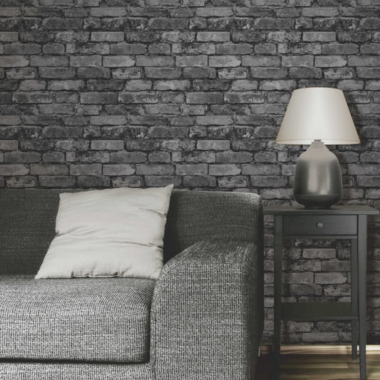 Distinctive Rustic Brick Wallpaper - Black/Grey/Silver - Fine Décor - FD31284 - Premier Wallcovering