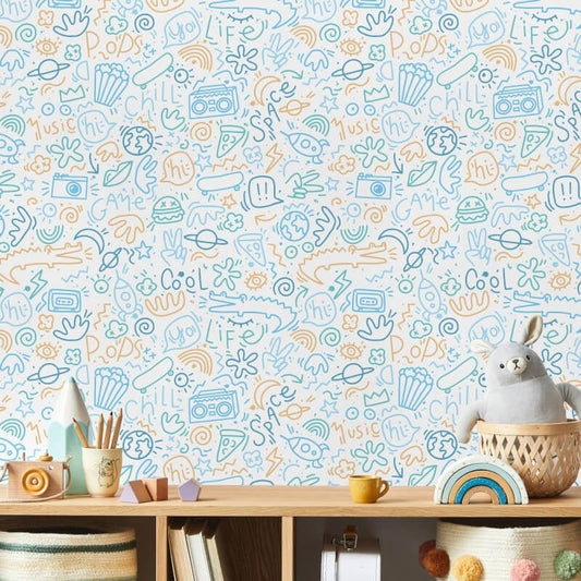 Doodle Metallic Wallpaper - Blue/Yellow - Muriva - M45701 - Premier Wallcovering