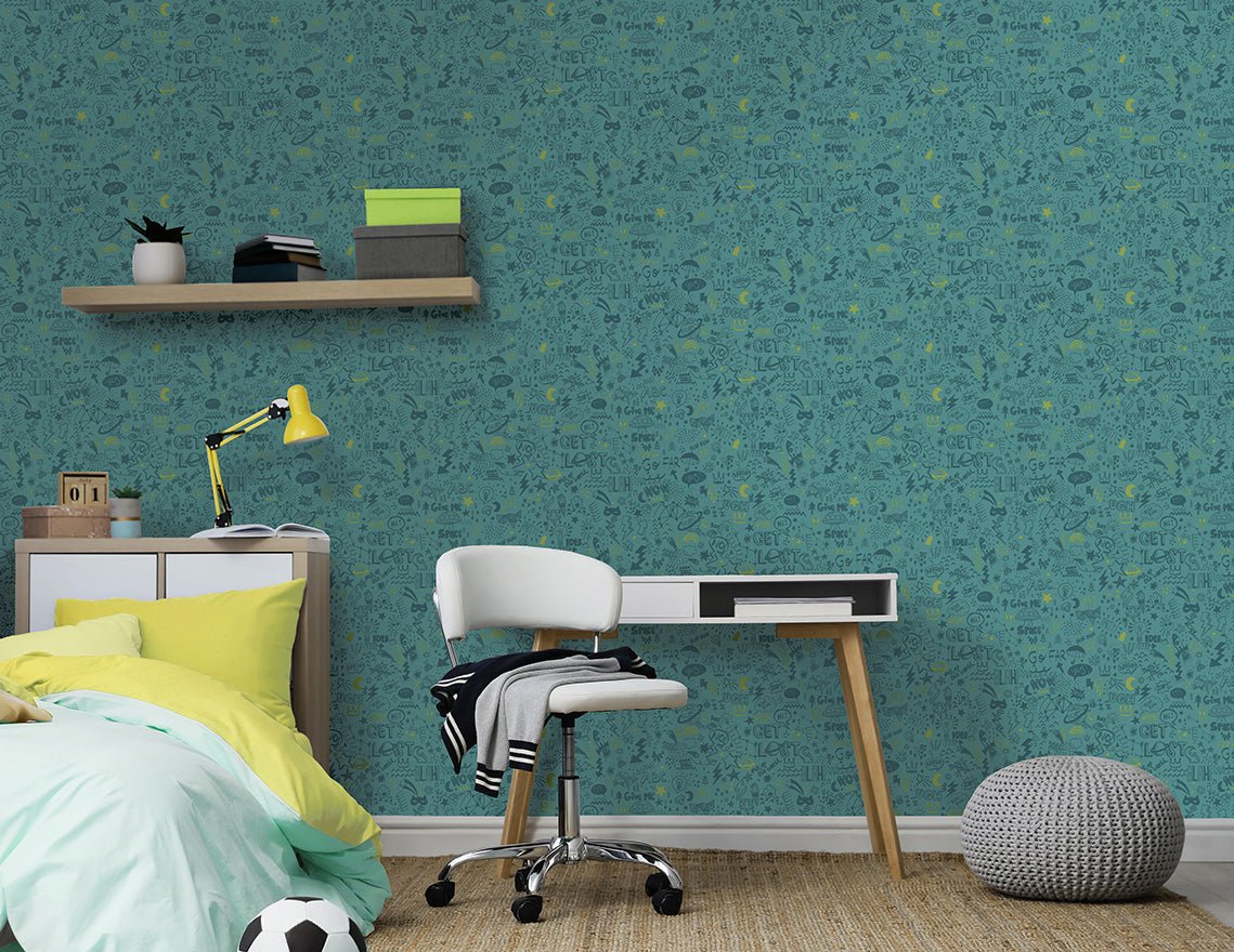 Doodle Wallpaper - Teal/Neon Yellow - Holden Décor - 13341 - Premier Wallcovering