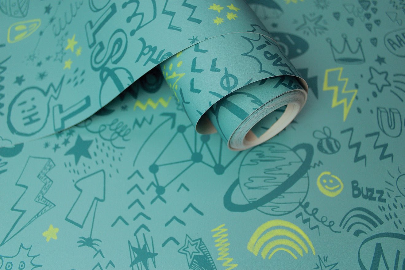 Doodle Wallpaper - Teal/Neon Yellow - Holden Décor - 13341 - Premier Wallcovering