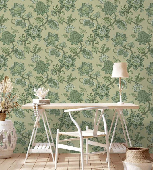 Doris Jacobean Wallpaper - Green On Green - Woodchip & Magnolia - WM - 367 - 06R - Premier Wallcovering
