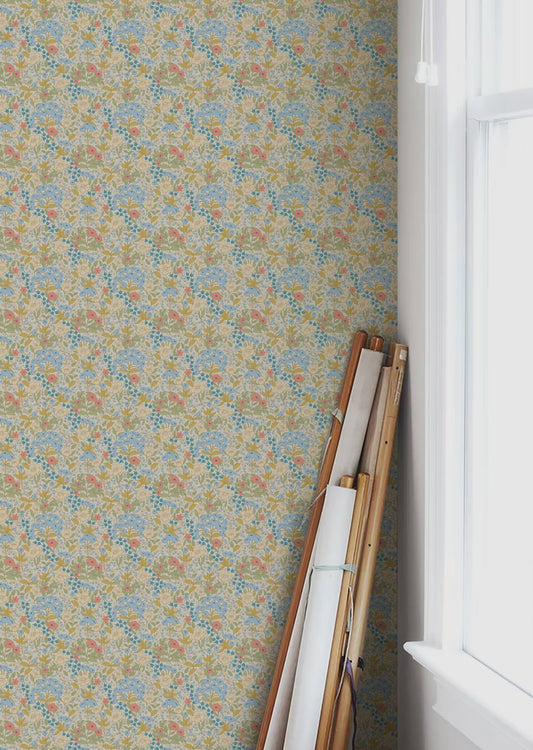 Doris Wallpaper - Blue & Mustard - Summer Gray - Premier Wallcovering