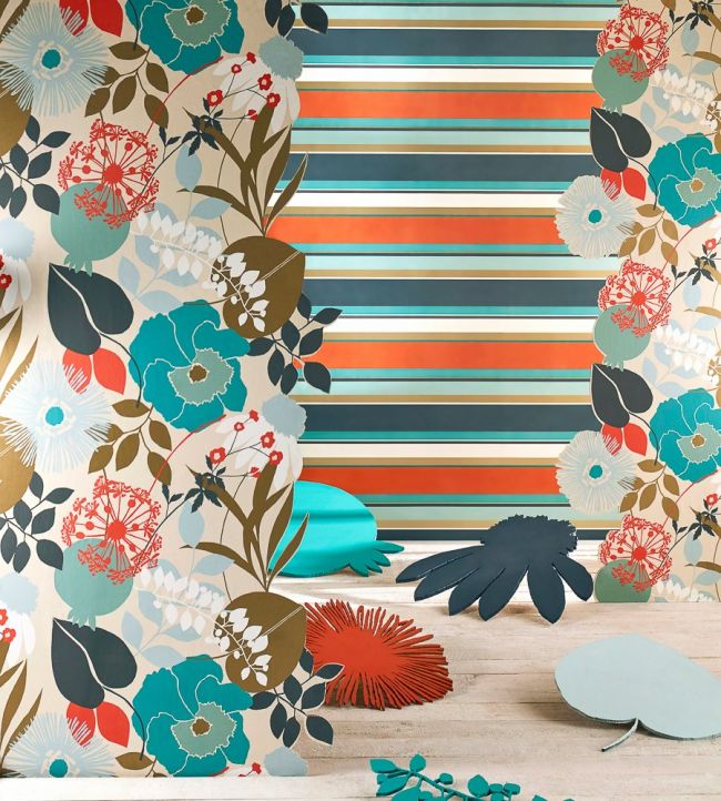 Doyenne Wallpaper - Sky/Olive/Coral - HSTO111493 - Harlequin - Premier Wallcovering