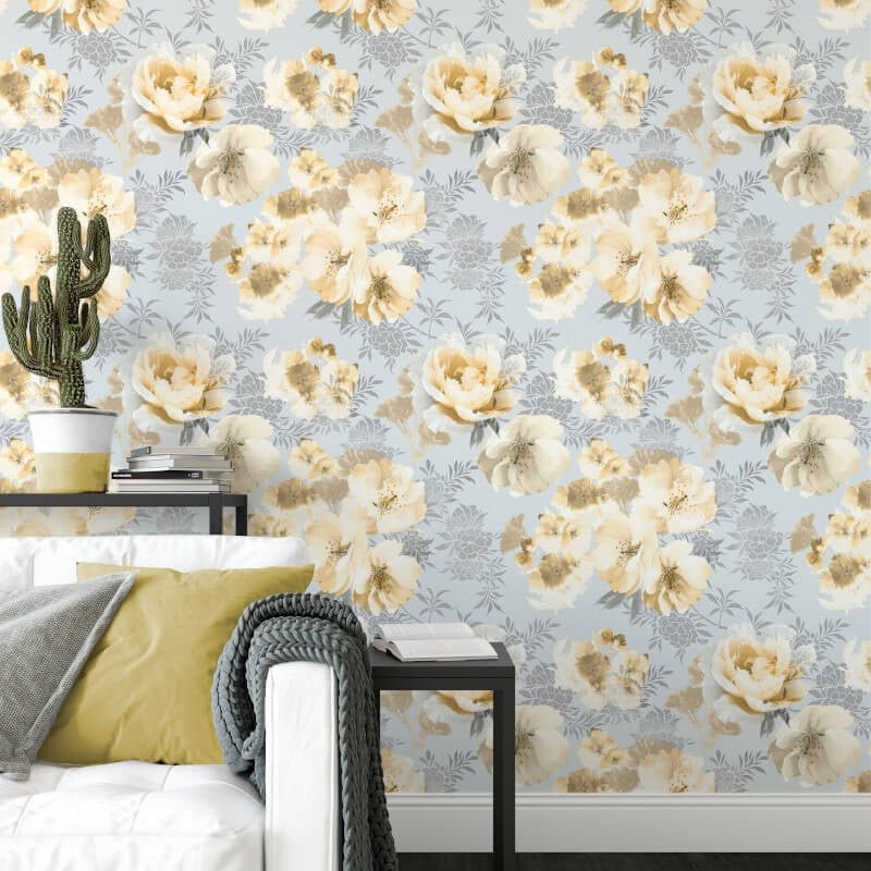 Dramatic Floral Wallpaper - Grey/Ochre - Catherine Lansfield - 165551 - Premier Wallcovering