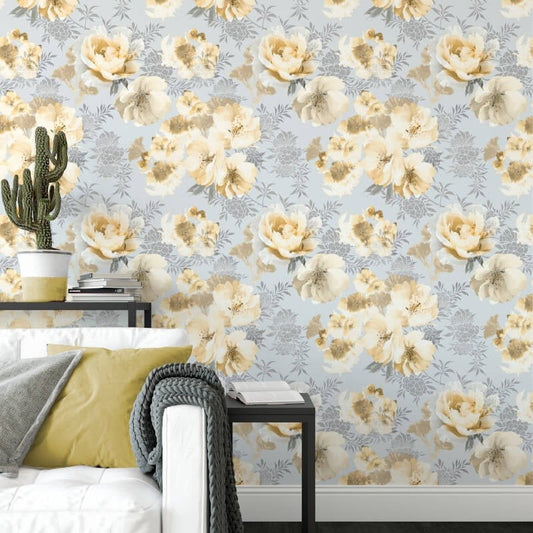 Dramatic Floral Wallpaper - Grey/Ochre - Catherine Lansfield - 165551 - Premier Wallcovering