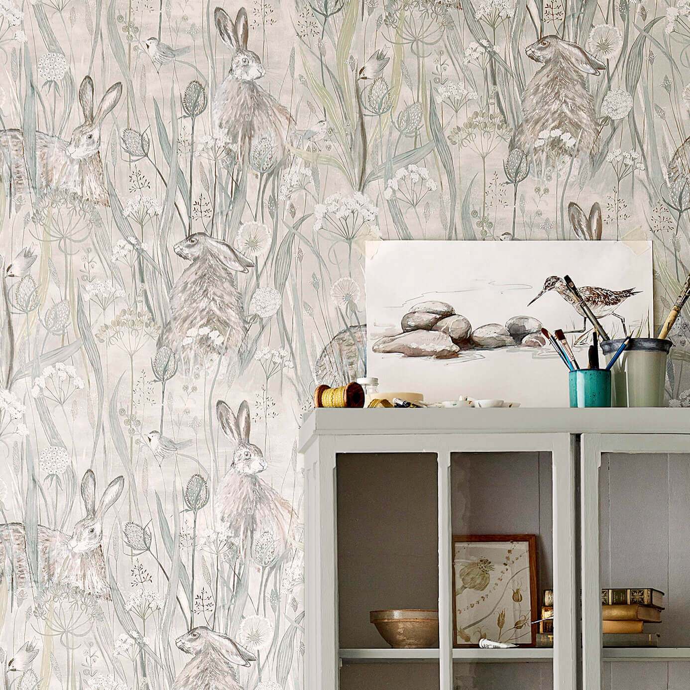 Dune Hares Wallpaper - Mist/Pebble - Sanderson - DEBB216518 - Premier Wallcovering