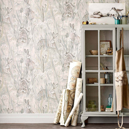 Dune Hares Wallpaper - Mist/Pebble - Sanderson - DEBB216518 - Premier Wallcovering