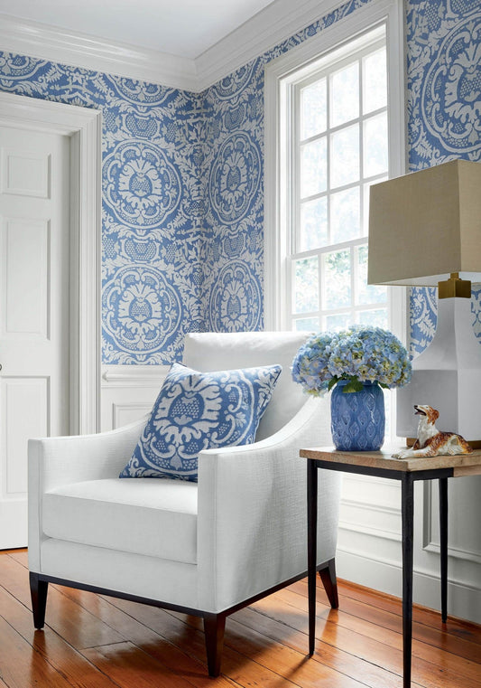 Earl Damask Wallpaper - Blue - Thibaut - T10837 - Premier Wallcovering