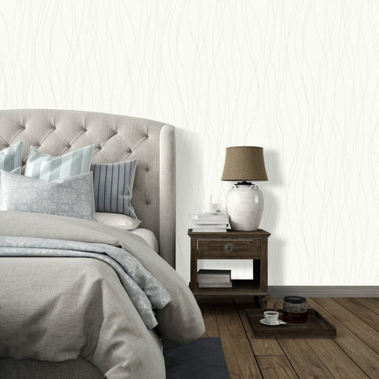 Eben Lines Metallic Wallpaper - White/Silver - Muriva - 328859 - Premier Wallcovering