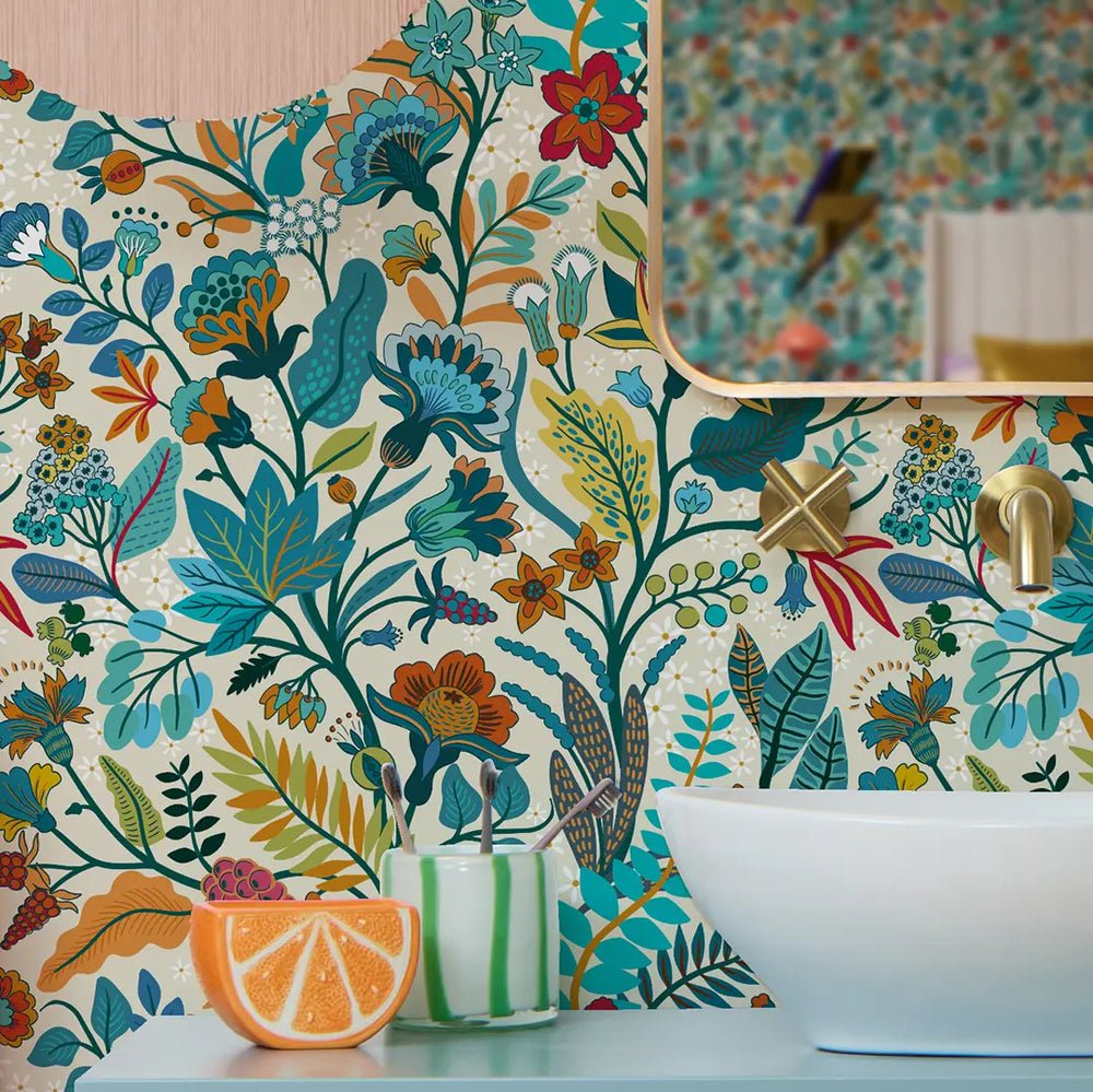 Eclectic Eden Wallpaper - Teal & Tan on Vintage Cream - Lust Home - LH900542 - Premier Wallcovering