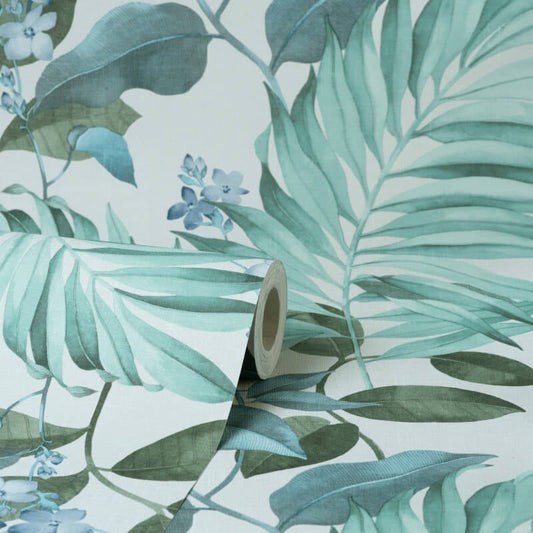 Eden Tropical Leaves Wallpaper - Grey/Blue - Crown - M1651 - Premier Wallcovering