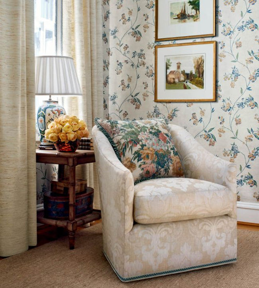 Edo Bloom Wallpaper - Apricot & Slate On Pearl - Anna French - AT16152 - Premier Wallcovering