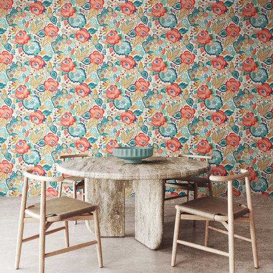 Emily Rose Wallpaper - Petrol & Coral - Ohpopsi - RON50129W - Premier Wallcovering
