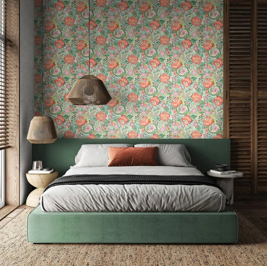 Emily Rose Wallpaper - Mint & Peach - Ohpopsi - RON50130W - Premier Wallcovering