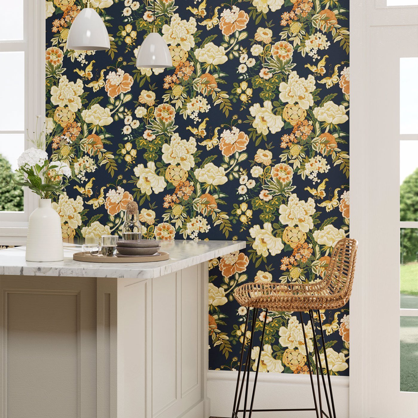Emperor Peony Wallpaper - Midnight/Apricot - DWAW217120 - Sanderson - Premier Wallcovering