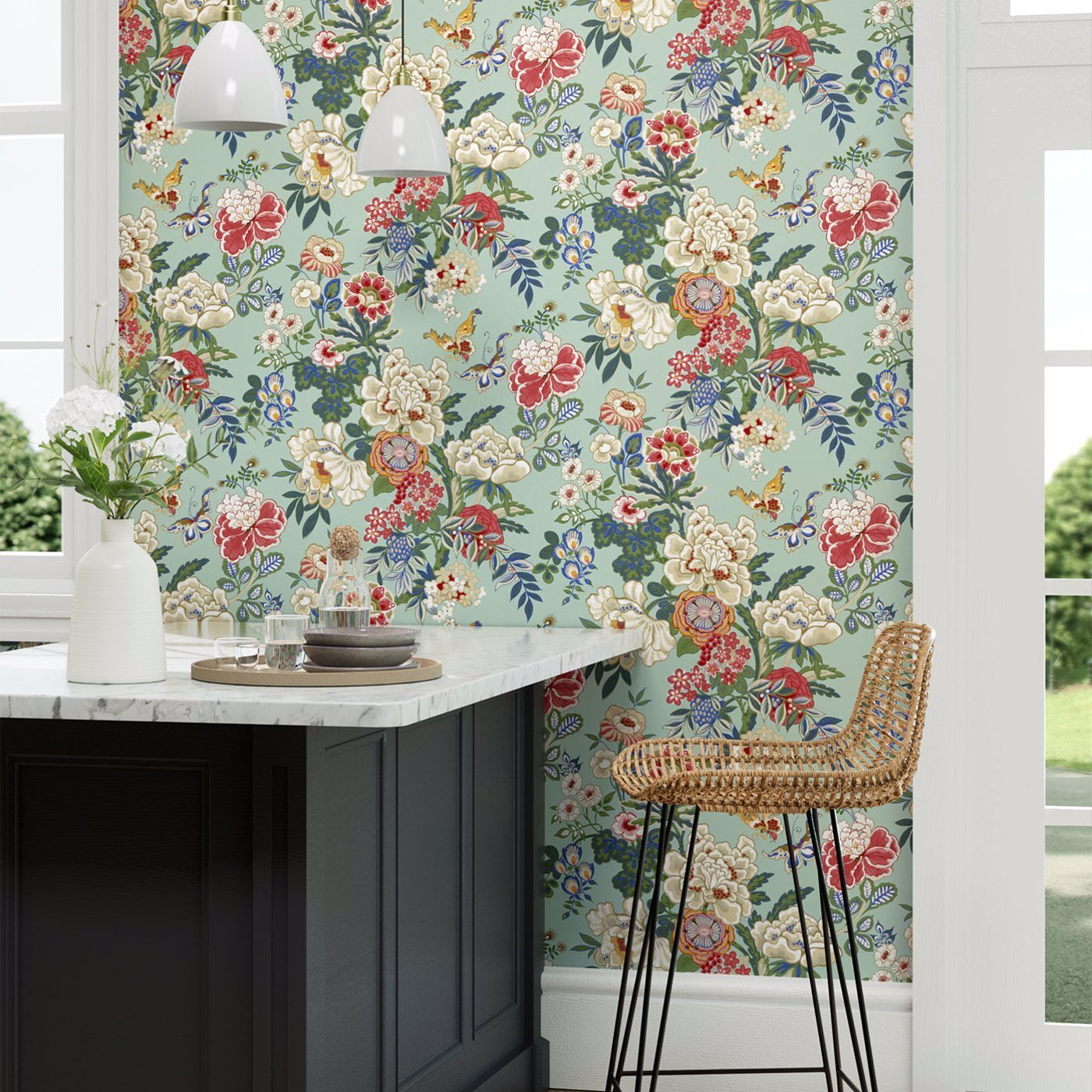 Emperor Peony Wallpaper - Jade/Apricot - DWAW217122 - Sanderson - Premier Wallcovering