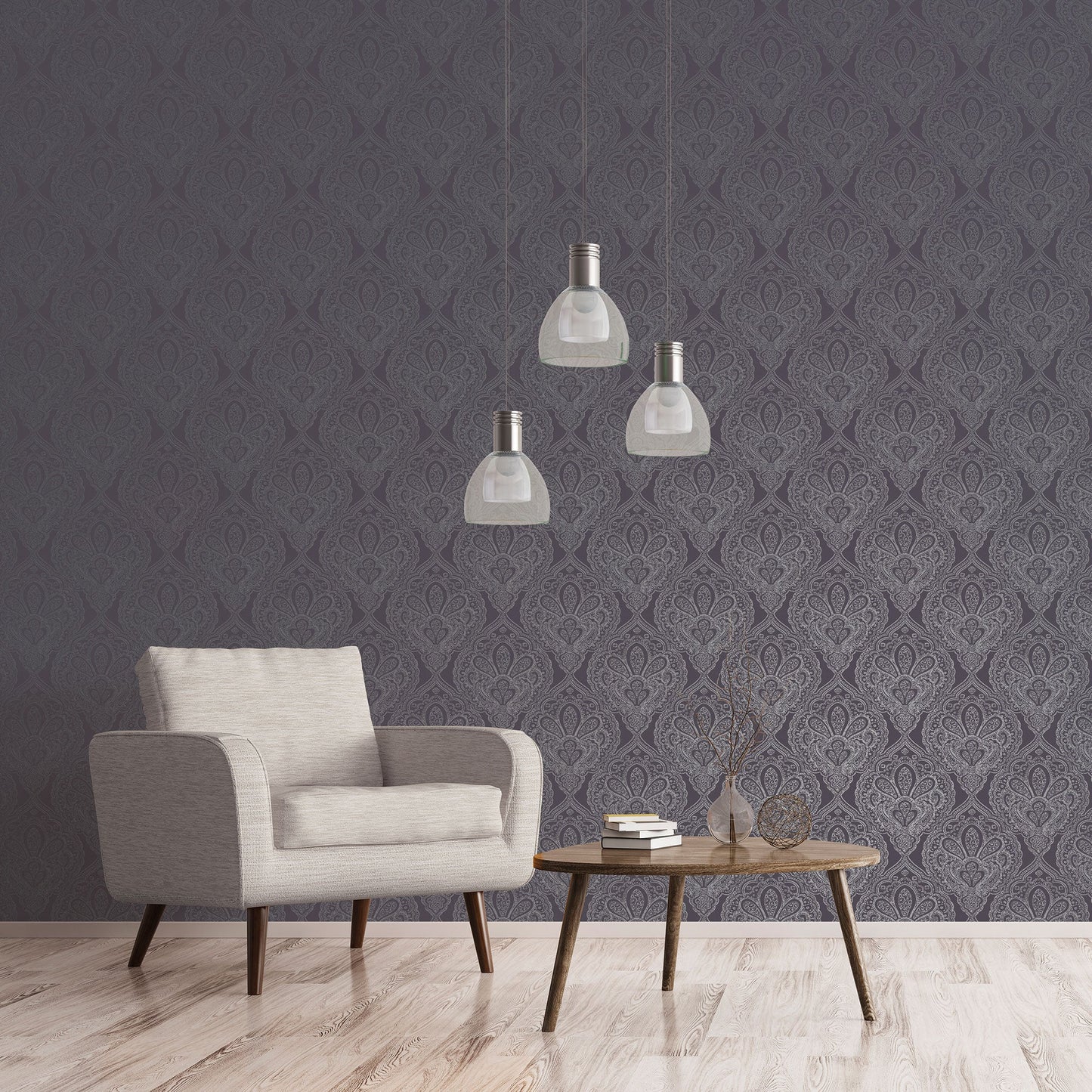 Emporium Mehndi Damask Wallpaper - Purple / Silver - Galerie - DWP0247 - 01 - Premier Wallcovering