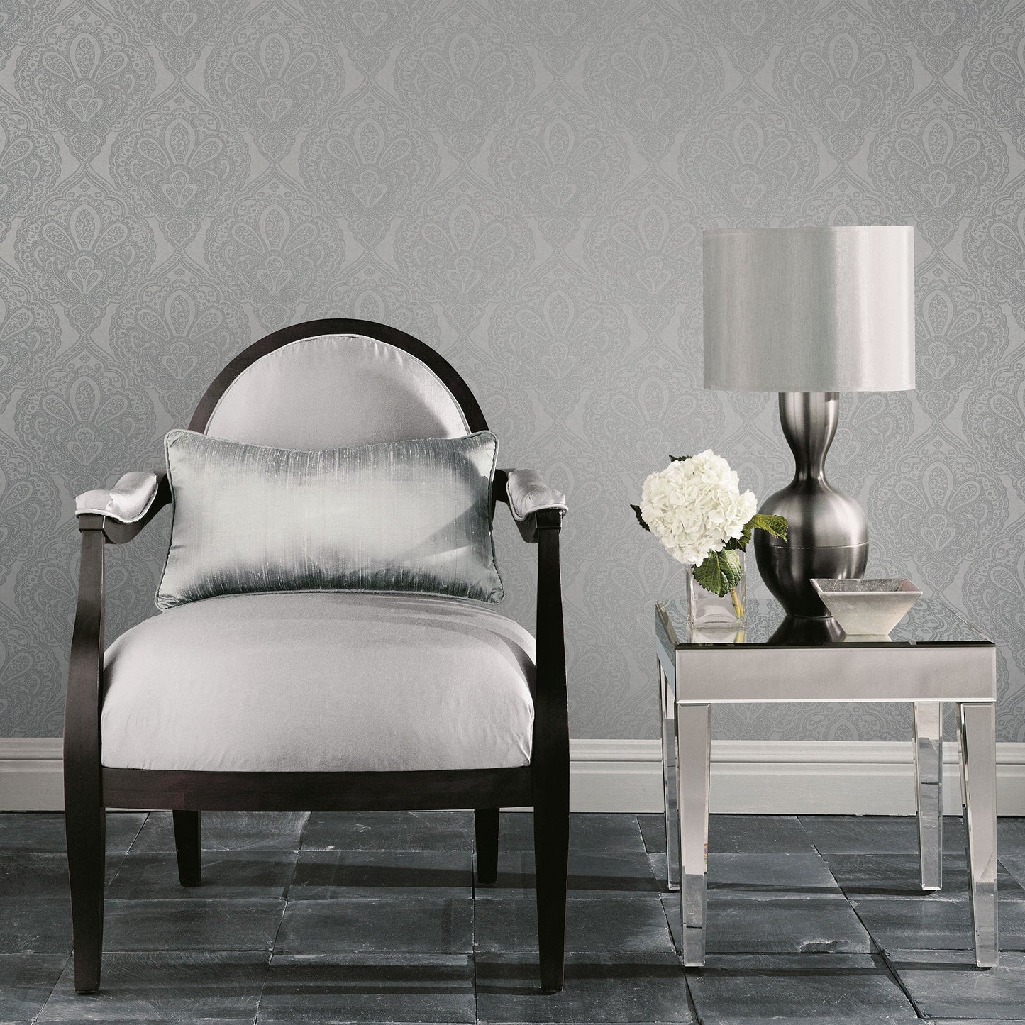 Emporium Mehndi Damask Wallpaper - Silver - Galerie - DWP0247 - 03 - Premier Wallcovering