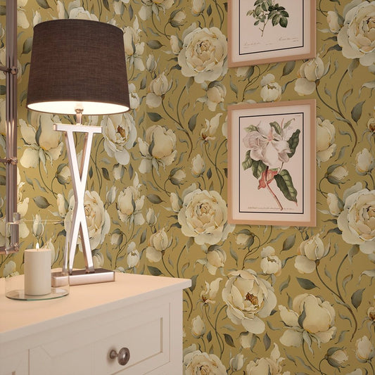 Enchanted Roses Wallpaper - Ivory on Antique Gold - LAN100339 - Lucie Annabel - Premier Wallcovering