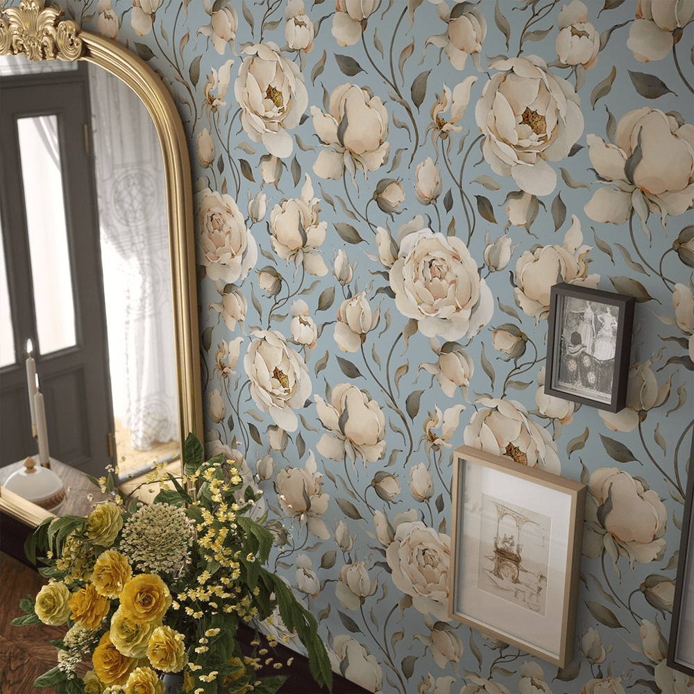 Enchanted Roses Wallpaper - Blush on Mineral Mist - LAN100341 - Lucie Annabel - Premier Wallcovering