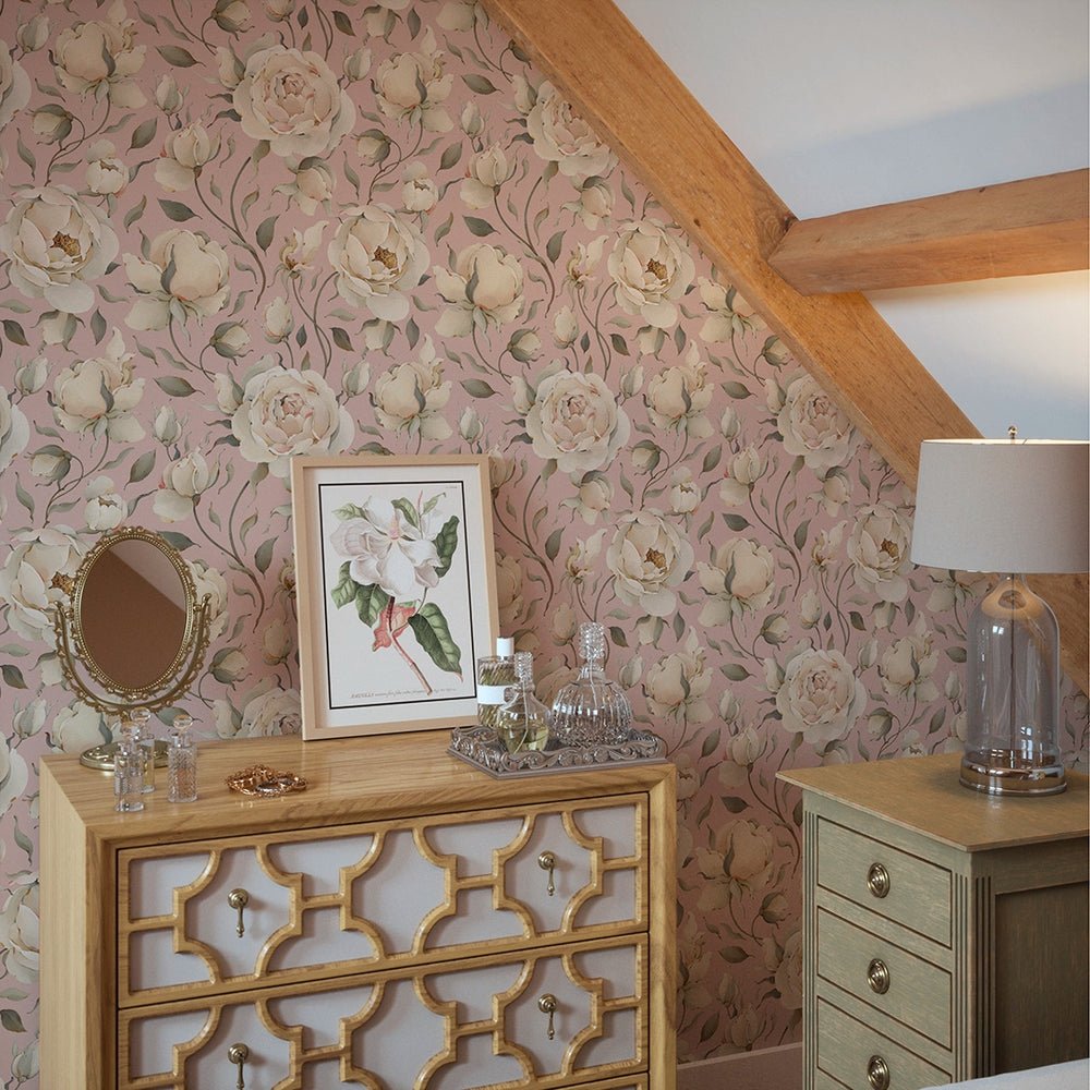 Enchanted Roses Wallpaper - Blush on Dusky Pink - LAN100340 - Lucie Annabel - Premier Wallcovering