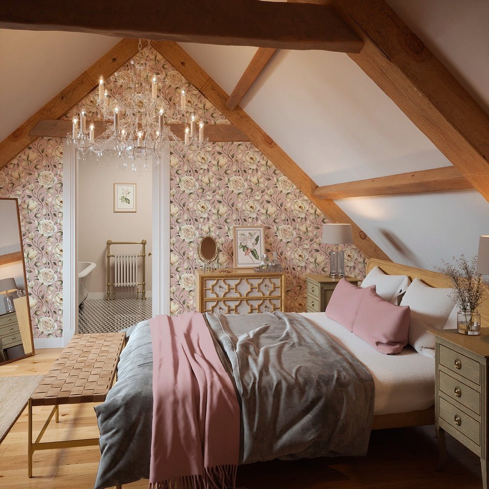 Enchanted Roses Wallpaper - Blush on Dusky Pink - LAN100340 - Lucie Annabel - Premier Wallcovering