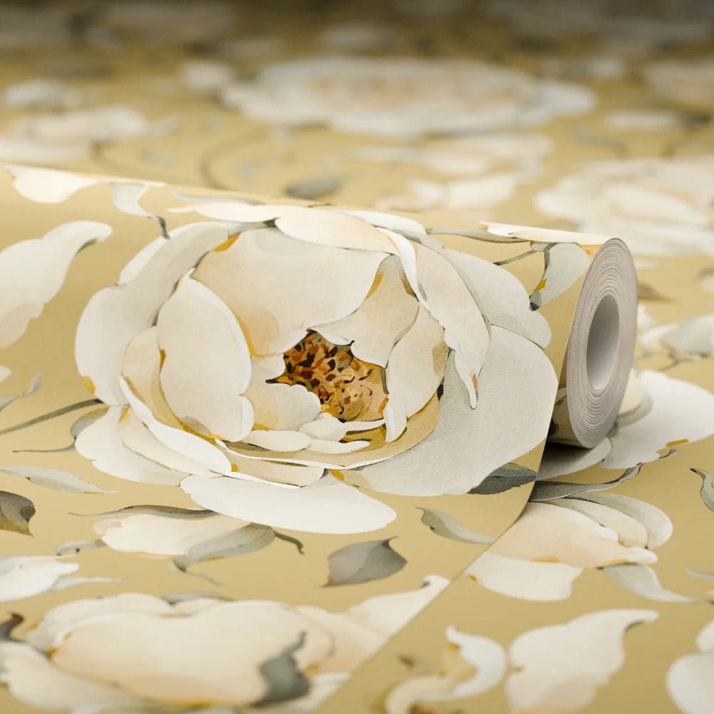 Enchanted Roses Wallpaper - Ivory on Antique Gold - LAN100339 - Lucie Annabel - Premier Wallcovering