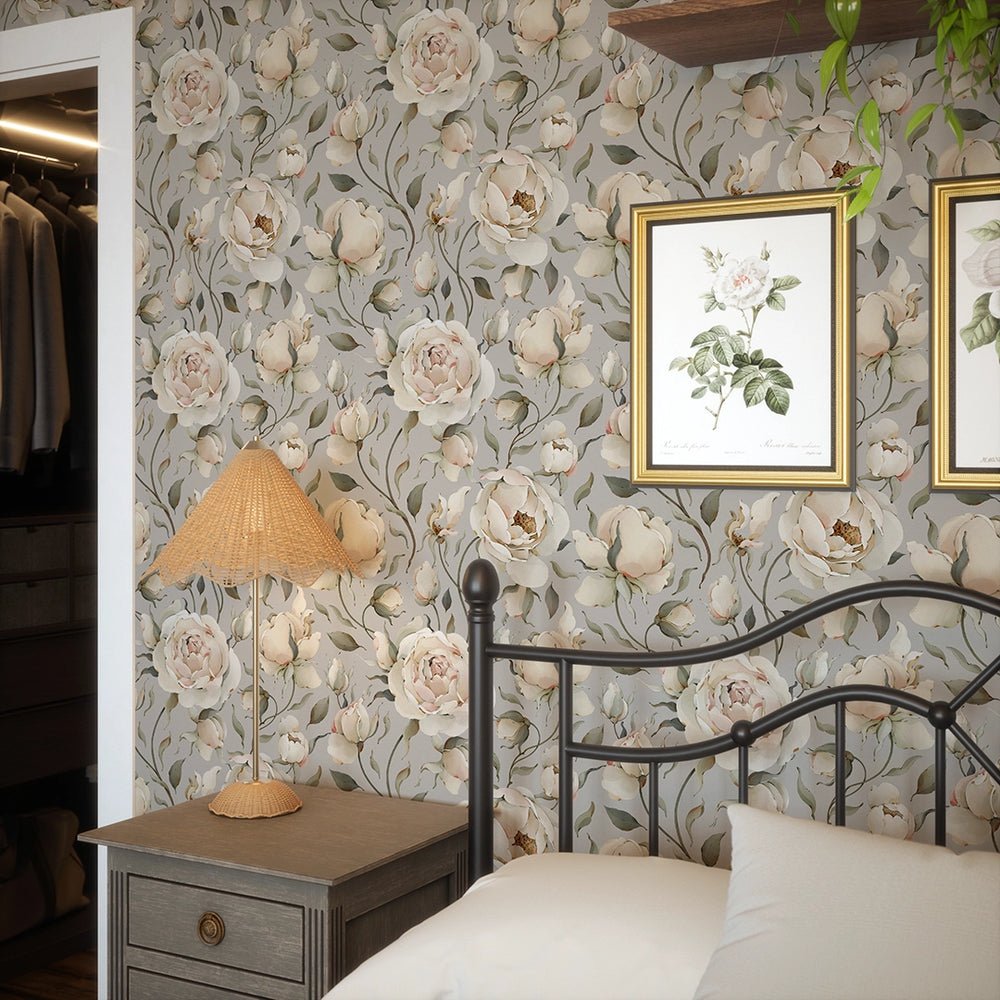 Enchanted Roses Wallpaper - Blush on Vintage Grey - LAN100344 - Lucie Annabel - Premier Wallcovering