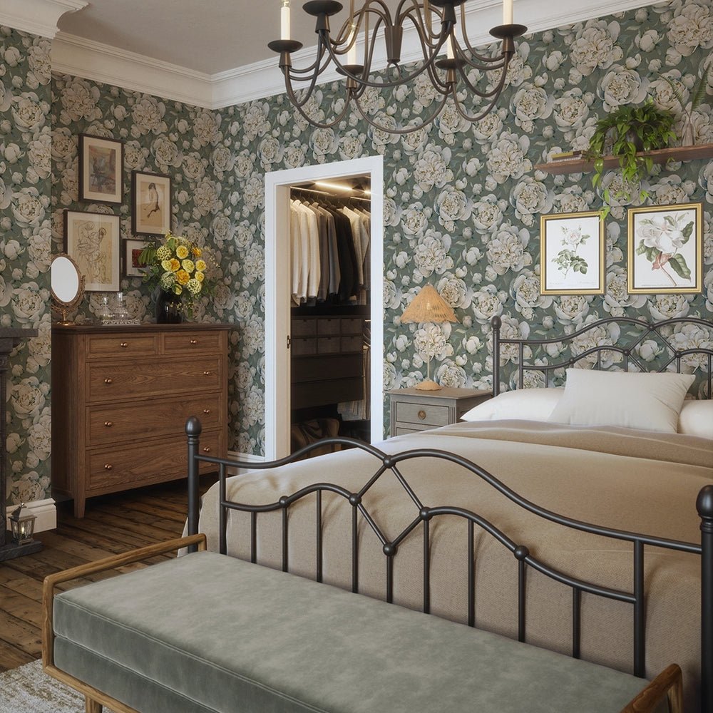 English Garden Peonies Wallpaper - Wild Nettle Green - LAN100361 - Lucie Annabel - Premier Wallcovering