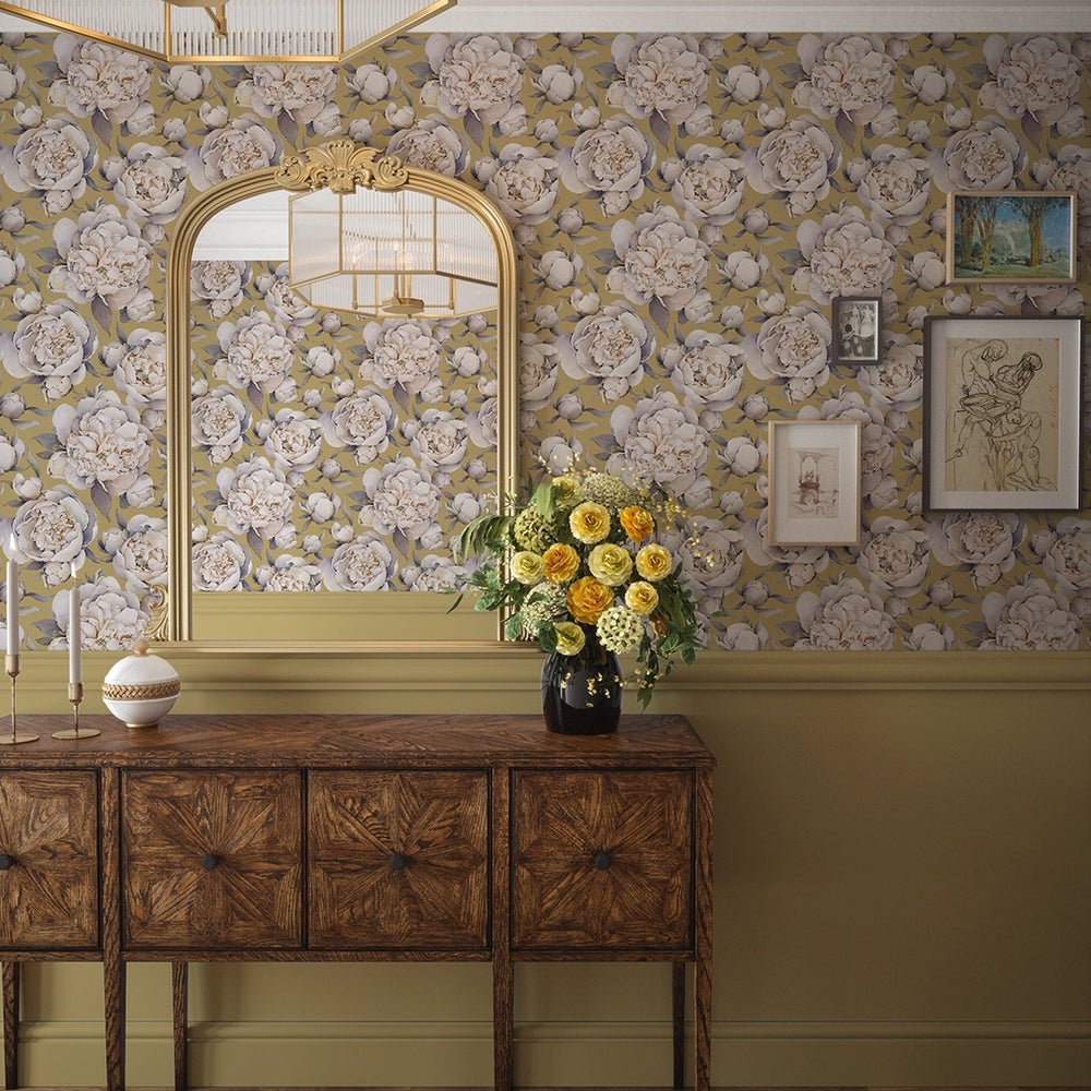 English Garden Peonies Wallpaper - Antique Gold - LAN100367 - Lucie Annabel - Premier Wallcovering
