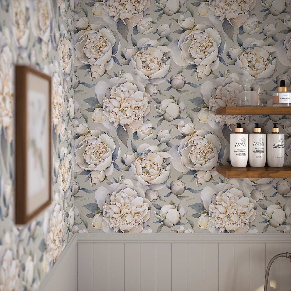 English Garden Peonies Wallpaper - Vintage Grey - LAN100365 - Lucie Annabel - Premier Wallcovering