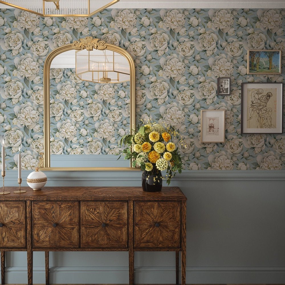 English Garden Peonies Wallpaper - Mineral Mist - LAN100362 - Lucie Annabel - Premier Wallcovering