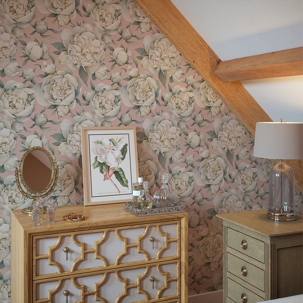 English Garden Peonies Wallpaper - Dusty Pink - LAN100363 - Lucie Annabel - Premier Wallcovering