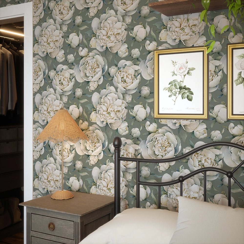 English Garden Peonies Wallpaper - Wild Nettle Green - LAN100361 - Lucie Annabel - Premier Wallcovering
