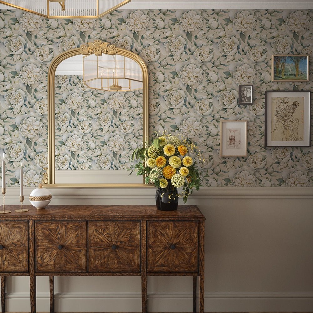 English Garden Peonies Wallpaper - Castle Stone - LAN100359 - Lucie Annabel - Premier Wallcovering