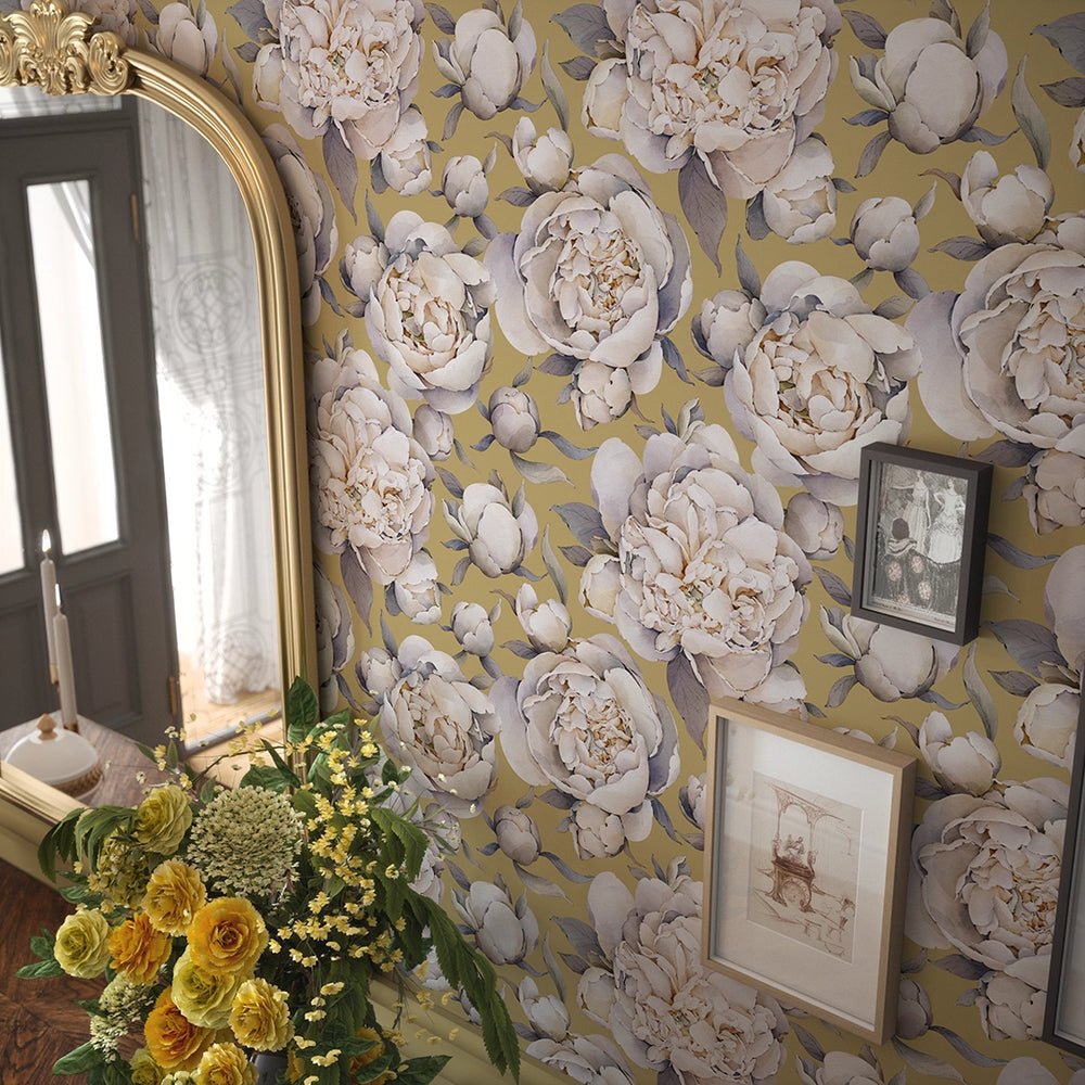 English Garden Peonies Wallpaper - Antique Gold - LAN100367 - Lucie Annabel - Premier Wallcovering