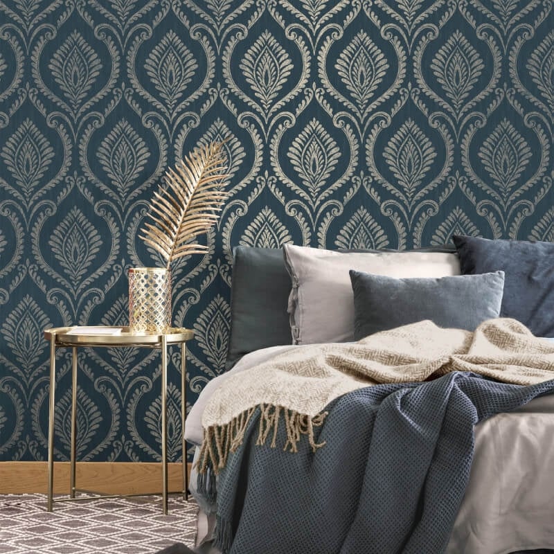 Estelle Damask Glitter Wallpaper - Navy - Crown - M1758 - Premier Wallcovering