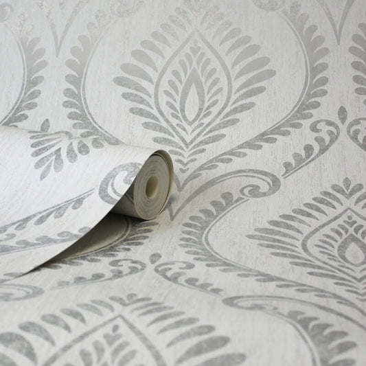 Estelle Damask Glitter Wallpaper - Grey - Crown - M1756 - Premier Wallcovering