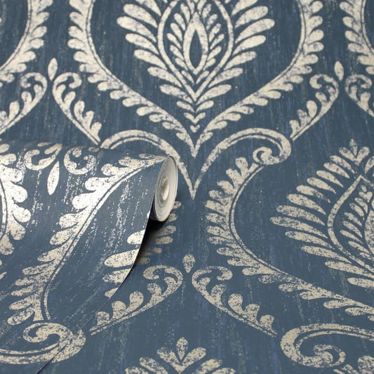Estelle Damask Glitter Wallpaper - Navy - Crown - M1758 - Premier Wallcovering