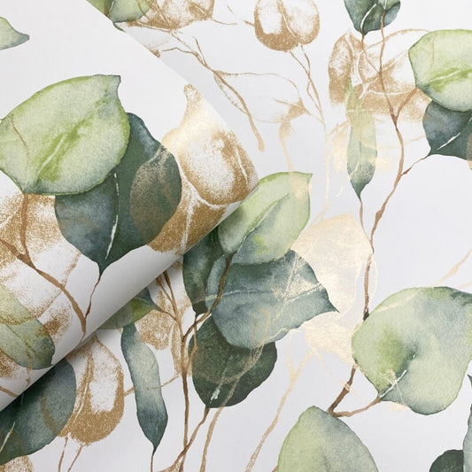 Eucalyptus Leaves Metallic Wallpaper - Green/Gold - Muriva - 210501 - Premier Wallcovering