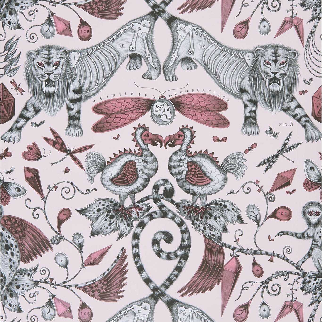 Extinct Wallpaper - Pink - Clarke & Clarke - Emma J Shipley - W0100/05 - Premier Wallcovering
