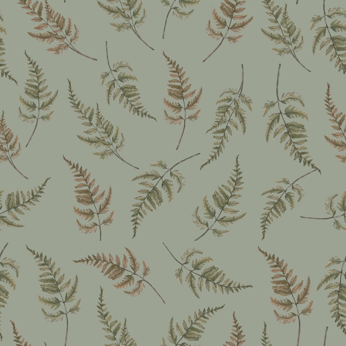 Falling Ferns Wallpaper - Earthy Green - Summer Gray - Premier Wallcovering
