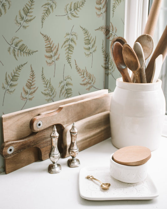 Falling Ferns Wallpaper - Earthy Green - Summer Gray - Premier Wallcovering